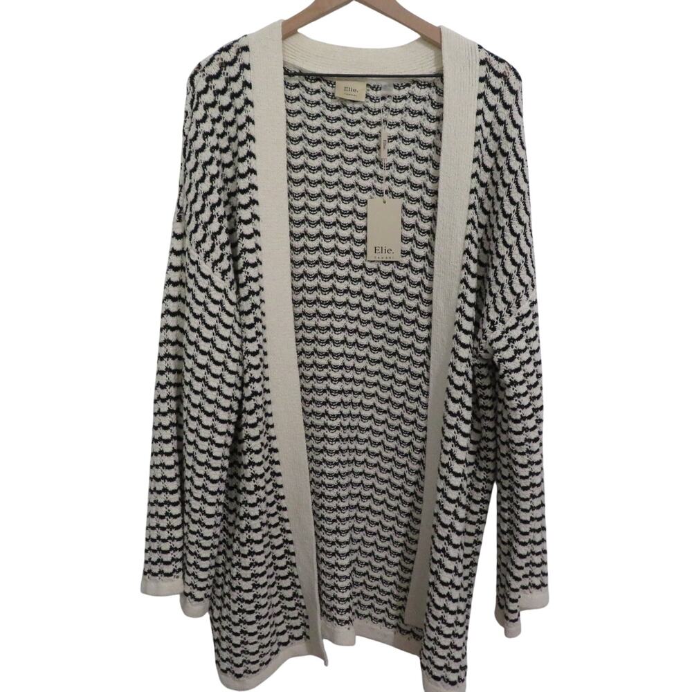 Elie Tahari Women Sz XL Cream Black Striped Longline Knit Open Front Cardigan